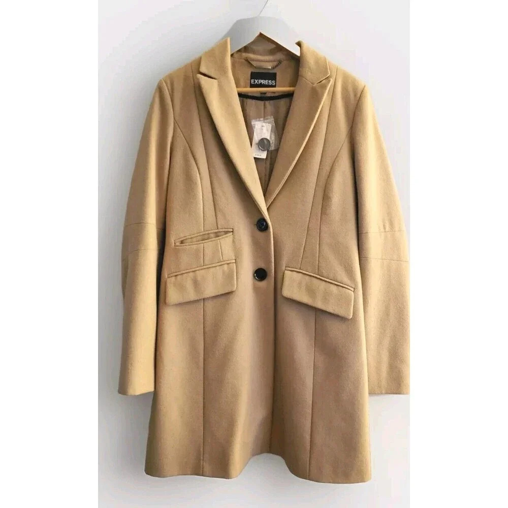Express Pea Coat  Women's Medium Tan Lined Mid Length Wool Blend